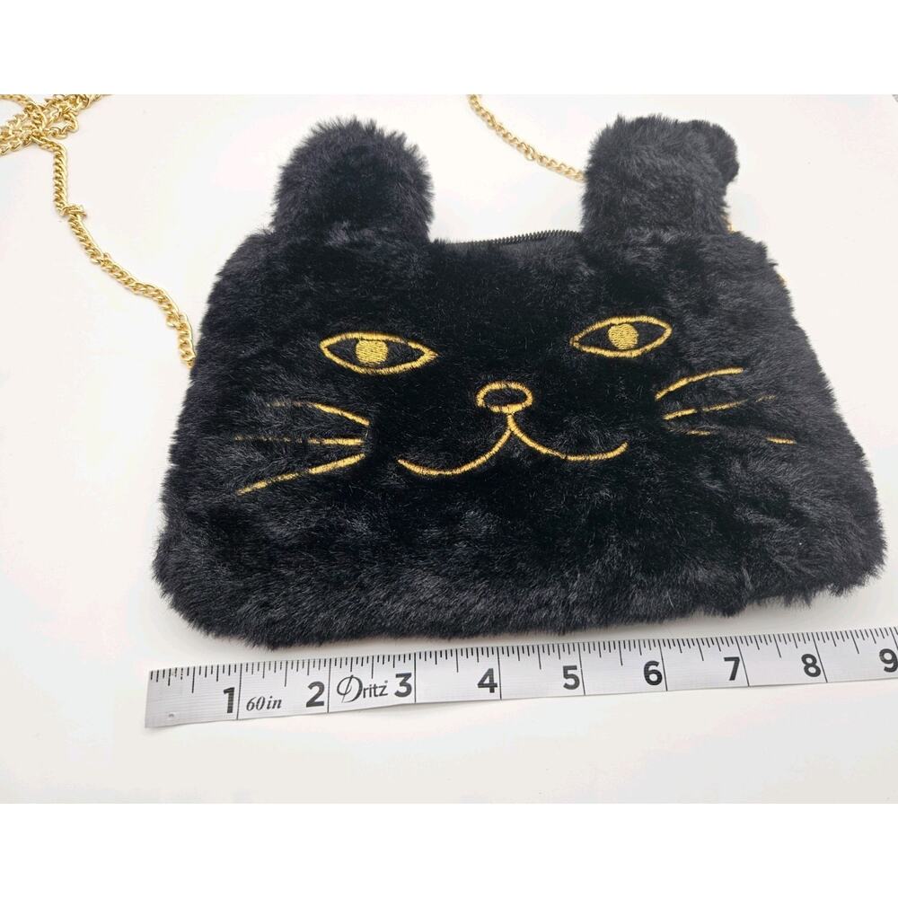 Black Cat Face Small Crossbody Bag Gold Chain Strap Zip Closure Lined - Picture 4 of 4